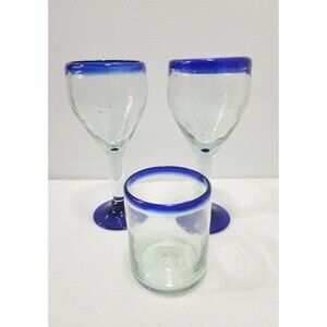 Lot Of 3 Vintage Mexican Hand Blown Cobalt Blue Rim Glasses